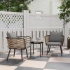Outsunny 3 Pieces Rattan Bistro Set, Wicker Garden Furniture Set with Washable Seat and Back Cushions, Glass Top Coffee Table, for Outdoor, Patio, Black