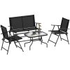 Outsunny Outdoor?4 Pieces Patio Furniture Set with Breathable Mesh Fabric?Seat & Backrest,?Garden Set with Two Foldable Armchairs, a Loveseat &?Glass?Top?Table, Black