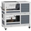 PawHut Rabbit Hutch Guinea Pig Hutch Indoor Wooden Small Animal House with Wheels, Openable Top, No-Leak Plastic Trays - Grey