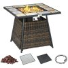 Outsunny Outdoor PE Rattan Gas Fire Pit Table, Square Gas Burner Patio Heater with Fire Control Panel, Slate Desktop, Lid and Lava Rocks, 50,000 BTU, Brown