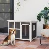 PawHut Outdoor Dog Kennel, Wooden Dog House Shelter with Asphalt Openable Top, Removable Floor, Clear Front Panel, Curtain, Windows, for Small, Medium Puppies, 90 x 62 x 71cm, Light Grey