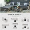Outsunny 6 Pieces Rattan Garden Furniture Set, 5 Seater Garden Sofa Set with Thickened Cushions, Glass Top Coffee Table and Ottomans, Outdoor Sectional Conservatory Furniture with Pillows, Grey