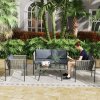 Outsunny 4 Piece Rattan Garden Furniture Set, 4 Seater Wicker Outdoor Furniture Set with 2 Armchairs, Loveseat, Glass Top Coffee Table and Cushions for Balcony, Porch, Grey
