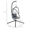Outsunny Outdoor PE Rattan Swing Chair with Cushion, Foldable Basket Patio Hanging Chair with Metal Stand, 360 degree Rotation Spring Hook, Basket Height Adjust with Metal Chain, Grey