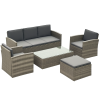 Outsunny 5 Pieces Rattan Garden Furniture Set, Wicker Garden Sofa Set with Storage Sofa and Ottomans, 2 Armchairs, Glass Coffee Table, Outdoor Conservatory Furniture with Cushions for Patio, Grey