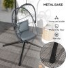 Outsunny Outdoor PE Rattan Swing Chair with Cushion, Foldable Basket Patio Hanging Chair with Metal Stand, 360 degree Rotation Spring Hook, Basket Height Adjust with Metal Chain, Grey
