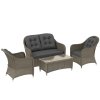 Outsunny 4 Pieces Outdoor PE Rattan Garden Furniture with Cushions, Patio Special Hand Weave Wicker Conservatory Sofa Set with Glass Top Coffee Table, Light Grey