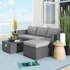 Outsunny 5 Piece Rattan Garden Furniture Set with Gas Fire Pit Table, 4 Seater Outdoor Sectional Sofa Set with Footstool and Removable Cushions, Modular Combination, Grey