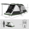 Outsunny 3-4 Man Camping Tent, Tunnel Tent with Bedroom, Living Room and Porch, 2000mm Waterproof, Portable with Bag, for Fishing Hiking Festival, Green