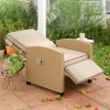Outsunny Rattan Garden Recliner Chair, Adjustable Backrest Reclining Rattan Chair with Flip Table, Cushion and Footrest, Indoor Outdoor Lounge Reclining Sun Lounger for Patio, Khaki/Beige