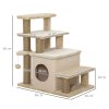 PawHut Dog Steps for Bed, 4 Step Pet Stairs with Cat House, Detachable Cover, Jute Scratching Post, Cat Climb ladder for Sofa w/ Hanging Balls - Beige