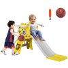 AIYAPLAY Kids Slide 3 in 1 Freestanding Toddler Slide with Climber, Basketball Hoop, Basketball, Lion-Themed for Ages 18-36 Months - Yellow