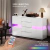 HOMCOM LED Sideboard for Living Room, High Gloss 2-Door Storage Cabinet with 4 Drawers and Remote Control, White