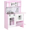 HOMCOM Children Wooden Play Kitchen w/ Lights Sounds, Kids Kitchen Playset w/ Water dispenser, Microwave, Utensils, Sink, Storage, for Ages 3-6 Years - Pink
