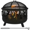 Outsunny Metal Firepit Bowl Outdoor 2-In-1 Round Fire Pit w/ Lid, Grill, Poker, Handles for Garden, Camping, BBQ, Bonfire, Wood Burning Stove, 61.5 x 61.5 x 52cm, Black