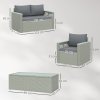 Outsunny 4 Piece Rattan Garden Furniture Set, 4 Seater Wicker Outdoor Sofa Set with 2 Armchairs, Loveseat, Acacia Wood Top Coffee Table, Cushions, Patio Conservatory Set for Balcony, Light Grey