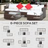 Outsunny 6 Pieces Rattan Garden Furniture Set, 5 Seater Sectional Garden Corner Sofa Set with Glass Top Coffee Table, Cushions and Pillows, All-Weather Wicker Conversation Furniture, Cream White