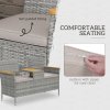 Outsunny 2 Seat Rattan Garden Bench, Patio Wicker Chair with Acacia Wood Top Middle Table, Outdoor PE Rattan Love Seat with Padded Cushions, Decorative Handrails, Grey