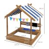 Outsunny Sand Pit Wooden Sandpit Kids Sandbox House for Outdoors, Gardens with Canopy, Liner, Blackboard, Sink, Seats, Flags, for Ages 3-7 Years - Brown