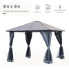 Outsunnym 3 x 3(m) Hardtop Gazebo Canopy with Polycarbonate Roof, Aluminium Frame, Permanent Pavilion Garden Gazebo with Netting and Curtains - Grey