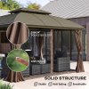 Outsunny 3.65 x 3(m) Hardtop Steel Gazebo Canopy for Patio Heavy Duty Outdoor Pavilion with Aluminium Alloy Frame, Double Roof, Net Sidewalls and Curtains, Coffee