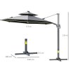 Outsunny 3(m) Cantilever Roma Parasol with LED Solar Lights, Crank & Tilt, Aluminium Frame, Cross Base and Adjustable Canopy 360 Degrees Rotating Sun Umbrella with 2-Tier Shade, Grey