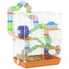 Pawhut 5 Tier Hamster Cage, Gerbil Cage with Tube Exercise Wheels, Tunnel, Water Bottle, Dishes, 58H x 46L x 30Wcm, Orange