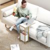 HOMCOM C Shaped Side Table with Storage and Charging Station, Faux Marble Narrow Bedside Table with Fabric Storage Bag and Steel Frame for Living Room, Bedroom, White