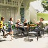 Outsunny Rectangle Garden Table with Parasol Hole, Outdoor Dining Table for 6, Patio Table with Steel Frame and Slat Tabletop for Balcony, 150cm x 90cm, Black