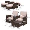 Outsunny Double Rattan Sun Lounger, Already Assembled Reclining Garden Lounger with Retractable Footrest, Glass Top Storage Table with Umbrella Hole, Garden Sunbed with Cushions and Pillows, Brown