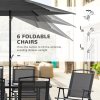 Outsunny 8 Pieces Metal Garden Furniture Set with Parasol and Folding Chairs, Garden Dining Set, 6 Seater Outdoor Table and Chairs with Tempered Glass Top, Black