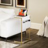 HOMCOM C-Shaped Bedside Table with Charging Station, Marble Grain Side Table with Power Outlets & USB Ports, Storage Bags, for Bedroom, Living Room, White