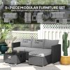 Outsunny 5 Piece Rattan Garden Furniture Set with Gas Fire Pit Table, 4 Seater Outdoor Sectional Sofa Set with Footstool and Removable Cushions, Modular Combination, Grey