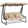 Outsunny 2-in-1 Garden Swing Seat Bed, 3 Seater Convertible Swing Chair Bench with Tilting Canopy, Cushioned Seat and 2 Pillows for Patio, Garden, Light Brown