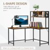HOMCOM L Shaped Desk with Book Shelf, Industrial Corner Computer Desk, Writing Table with Steel Frame for Home Office, Bedroom, Study Room, 140 x 125cm, Brown