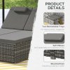 Outsunny Double Rattan Sun Lounger, Garden Daybed with 5-Level Adjustable Backrest and Flip Side Trays, Wicker Outdoor Furniture Recliner with Cushions and Pillows for Patio, Grey