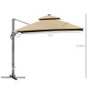 Outsunny 3 x 3(m) Cantilever Roma Parasol Garden Sun Umbrella, Two-tier 250g Polyester Sun Shade with LED Solar Light, Aluminium Frame, Cross Base 360 Degrees Rotating Khaki