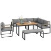 Outsunny 6 Piece L Shaped Garden Furniture Set, 9 Seater Outdoor Corner Sofa Set with 3 Loveseats, Bench, Chair, Wide and Deep Seats, WPC Top Coffee Table, Thick Cushions, Natural Wood Finish