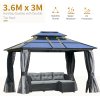 Outsunny 3 x 3.6(m) Polycarbonate Hardtop Gazebo Canopy with Double-Tier Roof and Aluminium Frame, Garden Pavilion with Mosquito Netting and Curtains