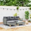 Outsunny 3 Pieces Rattan Garden Furniture Set, L Shaped Garden Conversation Chaise Lounge Furniture with Wood Top Coffee Table and Thick Cushions, Charcoal Grey