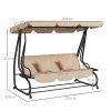 Outsunny 2-in-1 Garden Swing Seat Bed, 3 Seater Convertible Swing Chair Bench with Tilting Canopy, Cushioned Seat and 2 Pillows for Patio, Garden, Light Brown