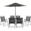 Outsunny 8 Pieces Metal Garden Furniture Set with Parasol and Folding Chairs, Garden Dining Set, 6 Seater Outdoor Table and Chairs with Tempered Glass Top, Black
