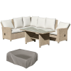 Outsunny 5 PCS Reclining PE Rattan Garden Dining Set Bonzer Patio Furniture w/ Sofa Chairs Glass Table, Olefin Cushions Adjustable Feet Stylish Lounge Conversation