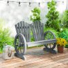 Outsunny 2 Seater Garden Bench, Comfortable Fir Wood Love Chair with Wagon Wheel-Shaped Armrests, Outdoor Adirondack Wooden Loveseats, Grey
