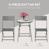 Outsunny 3 Pieces Rattan Bistro Set, Wicker Folding Garden Furniture Set with Glass Top Coffee Table and Chairs for Outdoor, Patio, Balcony, Grey