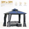 Outsunny 3 x 3(m) Polycarbonate Hardtop Gazebo Canopy with Double-Tier Roof and Aluminium Frame, Garden Pavilion with Mosquito Netting and Curtains