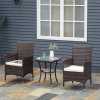Outsunny 3 Pieces Rattan Bistro Set, Wicker Garden Furniture Set with 2-Tier Coffee Table and Chairs, Cushions, for Outdoor Patio Balcony, Brown