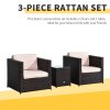 Outsunny 3 Pieces Rattan Bistro Set, Wicker Garden Furniture Set with Glass Top Coffee Table and Chairs, Thickened Washable Cushions for Outdoor, Patio, Balcony, Brown