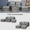 Outsunny 5 Piece Rattan Garden Furniture Set w/ 10cm Thick Cushions, Aluminium Frame Wicker Outdoor Balcony Sofa Set with Corner Armchairs, Ottomans, and Glass Top Table, Mixed Grey