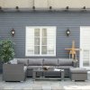 Outsunny 6 Pieces Rattan Garden Furniture Set, Wicker Garden Corner Sofa Set with 10cm Thickened Cushions, Aluminium Frame Conservatory Furniture with Glass Top Coffee Table, Footstools, Grey